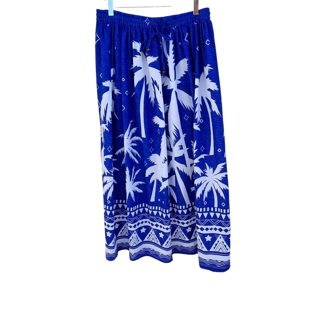 Gypsy Blu Palm Tree Print Blue White Drawstring Midi Maxi Skirt Women Size Large - Picture 2 of 16